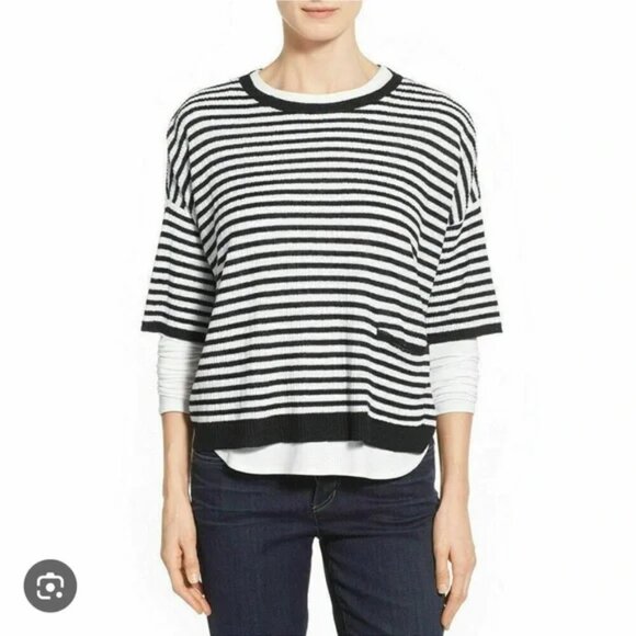Eileen Fisher Black White Striped Top Faux Pocket Sz M - Picture 1 of 9